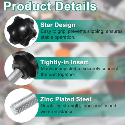 uxcell 2pcs Star Clamping Knobs with Nuts Washers, M12 x 50mm Metric Zinc Plated Carbon Steel Male Thread 48mm 6-Star Plastic Head, Threaded Stud Hand Knobs Handles Thumb Screws, Black - size: M12 x 50mm
