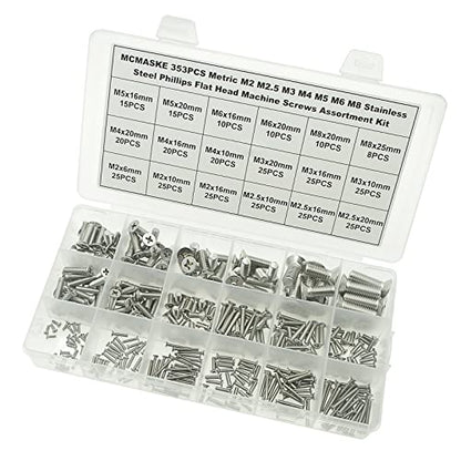 353PCS Metric M2 M2.5 M3 M4 M5 M6 M8 304 Stainless Steel Phillips Flat Head Machine Screws Assortment Kit
