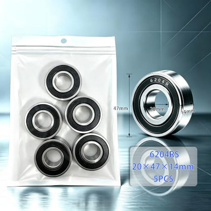 5 PCS 6204-2RS Deep-Groove Ball Bearings, 20x47x14mm-Double Seal Bearings - size: 6204-2RS