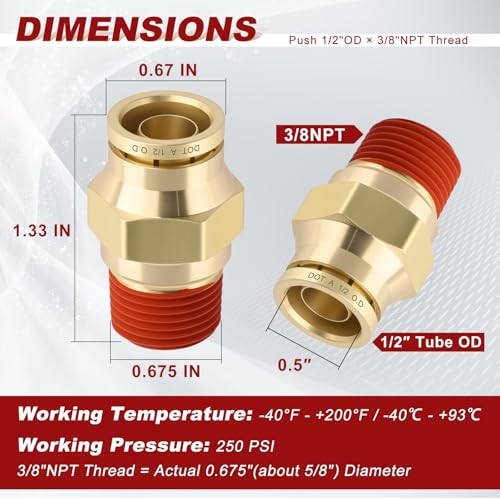 DOT Approved Male Straight Brass Union 1/2" Tube x 3/8" NPT, 10PCS - size: 1/2" OD x 3/8" NPT