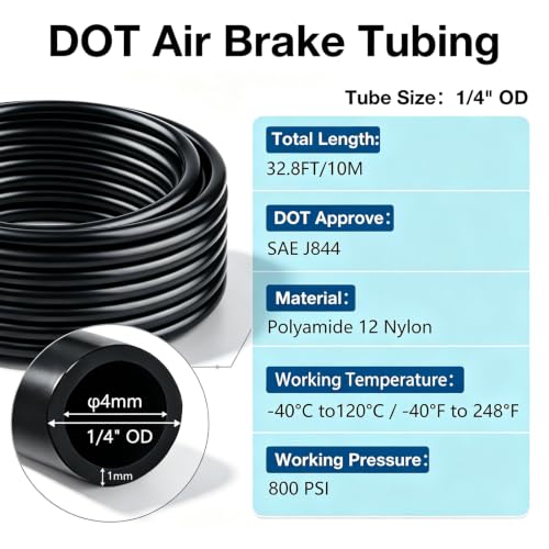 DOT Air Line Tubing, SAE J844 PA12 Nylon Air Brake Hose Pneumatic Tube - size: 1/4" OD 32.8FT