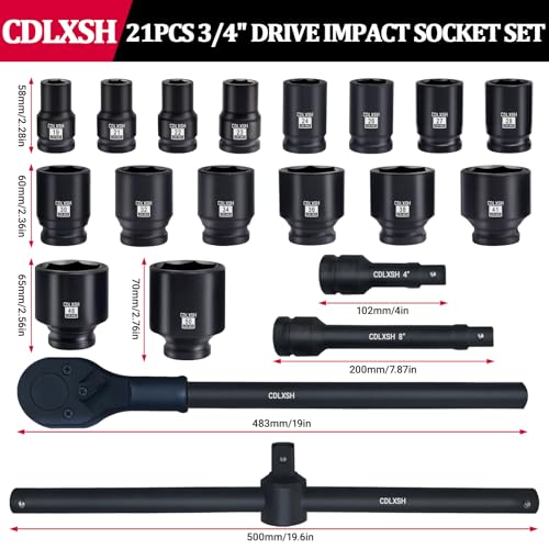 3/4" Drive Impact Socket Set, 21 Pcs Heavy Duty Large Socket Set - style: 3/4in-21Pcs-Metric