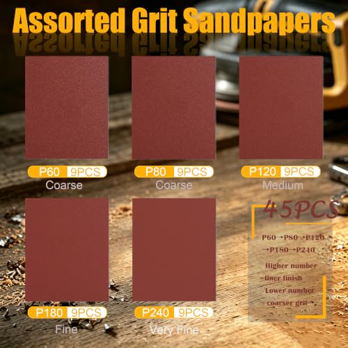Dianrui 45 PCS 1/4" Sandpaper Sheets for Palm Sander, 5.5" x 4.5"- 60/80/120/180/240 Grit Sandpapers Assortment for Wood Metal Furniture Sand Paper for Drywall