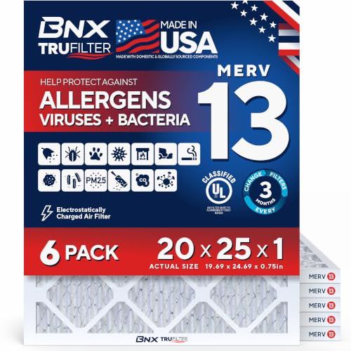 BNX TruFilter 20x25x1 Air Filter MERV 13 AC Filter, HVAC Furnace Filter, 6 Pack (ACTUAL SIZE 19.68"x24.68"x0.75") Allergies, Dust, Pet Dander & Smoke - MADE IN USA - MPR1500 / FPR 10 - size: 20x25x1 6-Pack