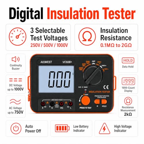 Megohmmeter 1000V Megaohm Meter, AIOMEST Insulation Resistance Tester VC60B - color: orange