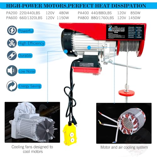 1760LBS Electric Hoist with Remote Control,Wireless/Wired Electric Hoist 110volt,65.6/33ft Lifting Height,Single/Double Slings Steel Lift Hoist Winch for Garage Warehouse Factory