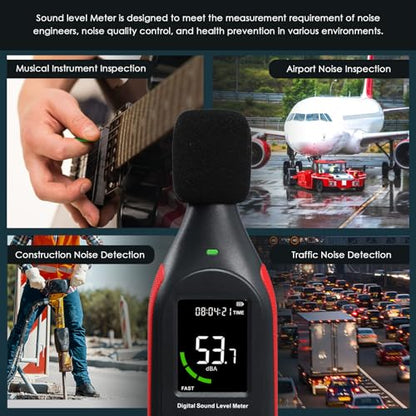 Decibel Meter Data Logger Sound Level Meter with 3-Color Display and Alarm