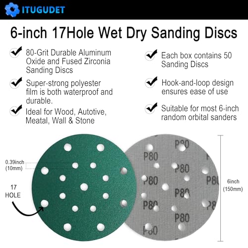 6 Inch 17 Hole 80 Grit Zirconia Alumina Hook & Loop Sanding Discs, Heavy-Duty Polyester Film Backing, Wet/Dry Anti-Clog for Random Orbital Sanders - Wood, Automotive, Metal - 50 Pack - color: 80 Grit, size: 6 Inch 17 Hole