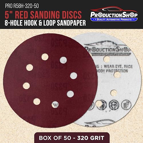 ProductionShop Premium 5" Red 8-Hole Pattern 320 Grit Sanding Discs, Box of 50 - Dustless Hook & Loop Backing Sandpaper for Random Orbital Sanders, Extra-Fine-Cut Abrasive - Woodworking, Auto Paint - style: 320 Grit