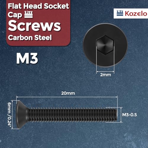 50Pcs[M3-0.5x20] Flat Head Socket Cap Screw Countersunk Bolt - size: M3-0.5x20mm