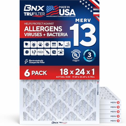 BNX TruFilter 18x24x1 Air Filter MERV 13 AC Filter, HVAC Furnace Filter, 6 Pack (ACTUAL SIZE 17.69"x24.69"x0.75") Allergies, Dust, Pet Dander & Smoke - MADE IN USA - MPR1500 / FPR 10 - size: 18x24x1 6-Pack