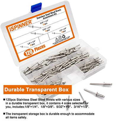ISPINNER 120pcs 304 Stainless Steel Blind Rivets, Pop Rivets Assortment Kit