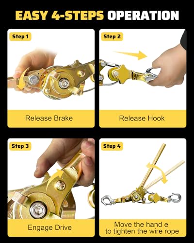 Come Along Winch Puller 3T 10FT, Cable Hoist Winch Puller with 2 Hooks, 2 Towing Straps 8FT, Come Along Tool Heavy Duty, Ratchet Puller for Lifting Pulling Construction Building - size: 3T-10FT(+2straps)