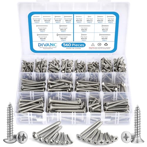 560Pcs 304 Stainless Steel Self Tapping Screws Assortment Set, M3/M4/M5/M6 Flat Head & Round Head Self Tapping Screws Assortment Set, Phillips Drive Wood Screw Assortment Kit (Silver) - color: Silver