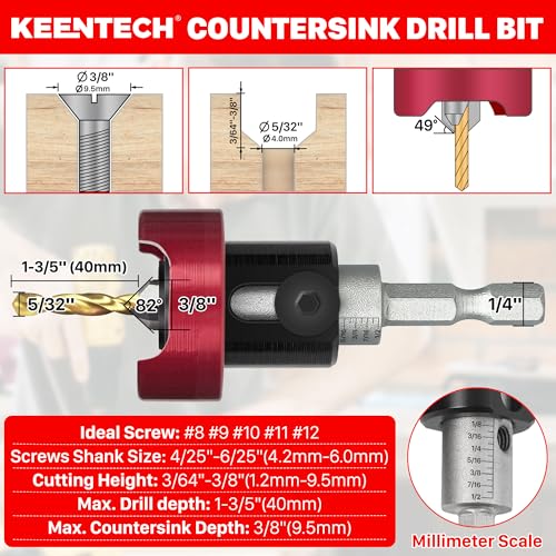 KEENTECH 3/8" x 5/32" Carbide Tipped Countersink Drill Bit with Depth Stop - size: 3/8" * 5/32"