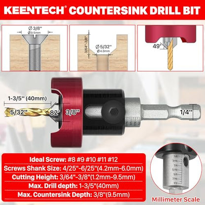 KEENTECH 3/8" x 5/32" Carbide Tipped Countersink Drill Bit with Depth Stop - size: 3/8" * 5/32"