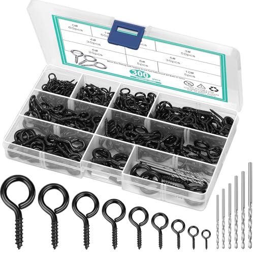 MAPVOLUT 306 PCS Black 304 Stainless Steel Eye Hooks Screws Assortment Kit, (0.6"-1.65") 9 Sizes Zinc Plated Eyelet Screws Eye Pins and Eye Bolts Screw in Wood Includes (300PCS) + 6PCS Drill Bit - color: Black