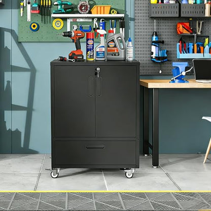 Metal Rolling Tool Storage Cabinet with 2 Locking Doors and 1 Drawer,Black - color: Black, style: 2 doors 1 drawer with wheels