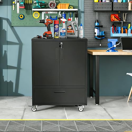 Metal Rolling Tool Storage Cabinet with 2 Locking Doors and 1 Drawer,Black - color: Black, style: 2 doors 1 drawer with wheels