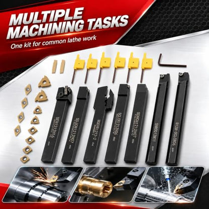 Nakkaa 21Pc Indexable Lathe Turning Tool Kit 1/2" Shank for Turning Boring - size: 7pcs 1/2" 12mm holder+14pcs inserts