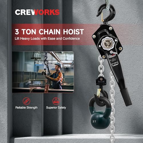CREWORKS Lever Chain Hoist, 3 Ton 6600 lb Capacity 10 ft Manual Chain Hoist with G80 Galvanized Chain & Swivel Hooks, Heavy Duty Manual Lever Hoist for Construction Warehouse Automotive Factory - style: Lever hoist, 3 Ton, 10FT