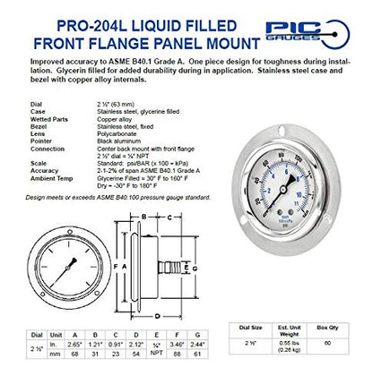 PIC Gauge PRO-204L-254C Glycerin Filled Industrial Front Flanged Panel Mount Pressure Gauge with Stainless Steel Case, Brass Internals, Plastic Lens, 2-1/2" Dial Size, 1/4" Male NPT, 0/30 psi - style: 0 - 30 PSI