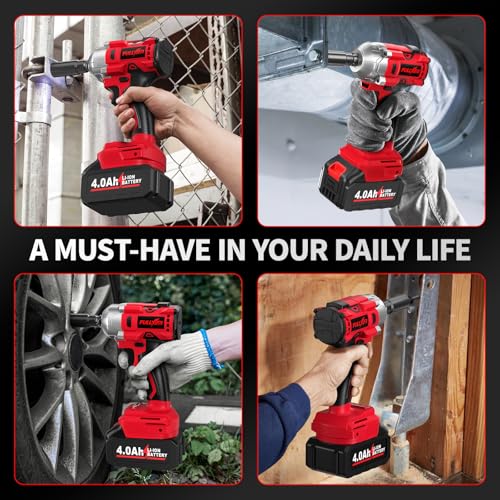 FULLYEA Cordless Impact Wrench 1/2 Inch, 406Ft-lbs (550N. M) Brushless Impact Gun Kit, 3000RPM High Torque Power Impact Wrench, 4.0Ah Battery & Fast Charger, Electric Impact Driver for Car Home