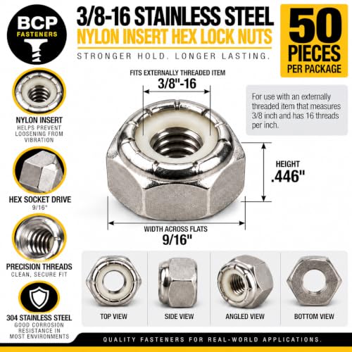 BCP Fasteners 3/8-16 Stainless Steel Nylon Insert Hex Lock Nuts, 50 Pack - size: 3/8-16 (50)