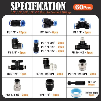 60Pcs 1/4" OD Push to Connect Fittings Kit,Quick Connect Pneumatic Fittings - color: 60Pcs-blue