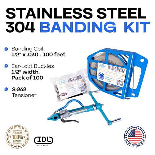IDL Packaging 1/2" Stainless Steel 304 Banding Kit – Heavy-Duty Banding Tool + 1/2" x 0.03" x 100' Stainless Steel 304 Banding Coil + 100 Stainless Steel Ear-Lokt Buckles - size: 1/2" x 0.03" x 100', style: SS 304 + Ear-Lokt Buckles