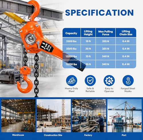 Manual Lever Chain Hoist 6 Ton 13200 Lbs, Heavy Duty Come Along Winch with Dual Pawl Brake, G80 Galvanized Carbon Steel Auto Chain Leading & 360° Hook for Garage Factory Dock（10FT） - size: 6T*10FT