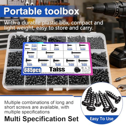 Taiss 888PCS M1.7 M2 M2.3 M2.6 M3 Phillips Pan Head Self Tapping Wood Screws Assortment Kit,15 Sizes Self Tapping Screws for Plastic,Cross Recessed Carbon Steel Black Screw for Wood,Plastic - size: 888PCS