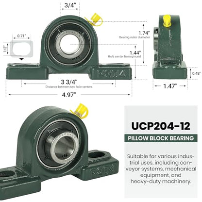 AR-PRO 2-Pack UCP204-12 Mounted Pillow Block Ball Bearing - Bearing Steel Bearings 3/4" Bore with Solid Cast Iron Base - Self Alignment - size: UCP204-12