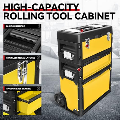 Auto Dynasty 3-Tier Rolling Trolley Tool Box Stackable w/Wheels, Yellow - color: Yellow
