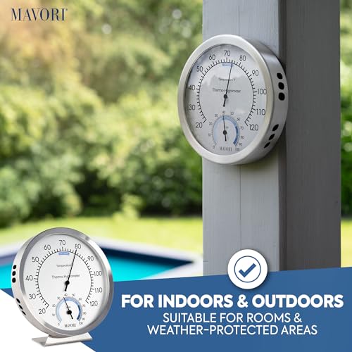 Analog Thermometer – Hygrometer – Thermometer for Indoor – Premium Stainless Steel Temperature Gauge Indicator – Battery Free Operated Temperature and Humidity Monitor – High Accuracy - Ø 12.5