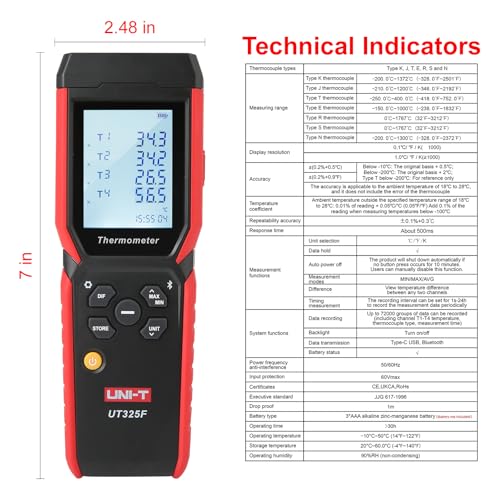 UNI-T UT325F 4-Channel Thermometer,K-Type,Bluetooth,USB-C Data Logger
