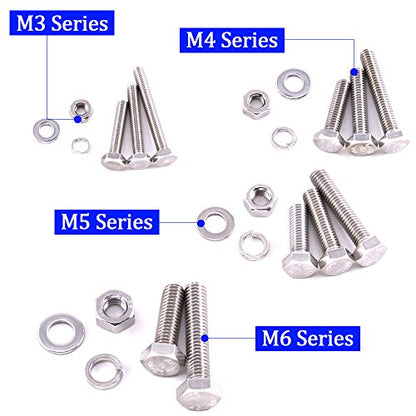 Glarks 665Pcs M3 M4 M5 M6 Stainless Steel Flat Hex Head Screws Bolts Nuts and Flat Gasket Spring Washers Assortment Set - style: Hex head screws