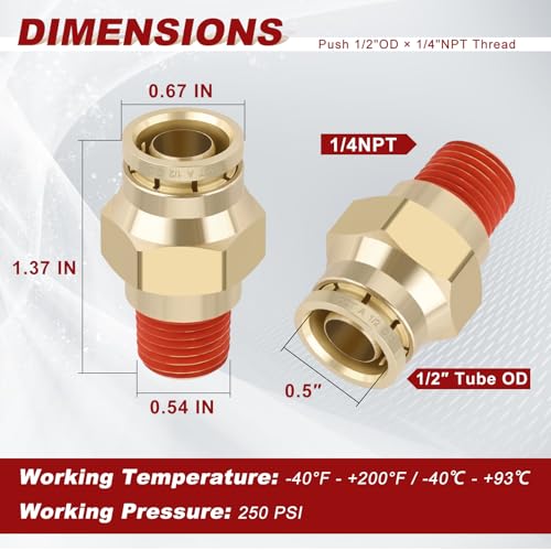 DOT Approved Male Straight Brass Union 1/2" Tube x 1/4" NPT, 4PCS - size: 1/2" OD x 1/4" NPT
