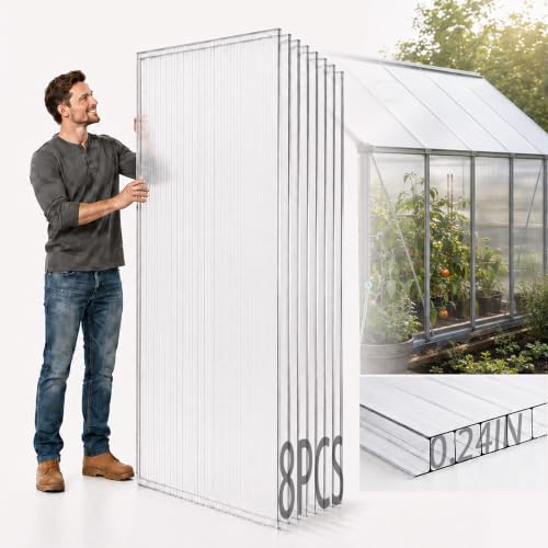 Sinimaka 8 Pack Polycarbonate Greenhouse Panels, 6 x 2 ft, 0.24 in Twin-Wall Sheets, UV-Coated Translucent Roof Replacement for Greenhouses and Cold Frames - style: 6' x 2' x 0.24" 8Pack