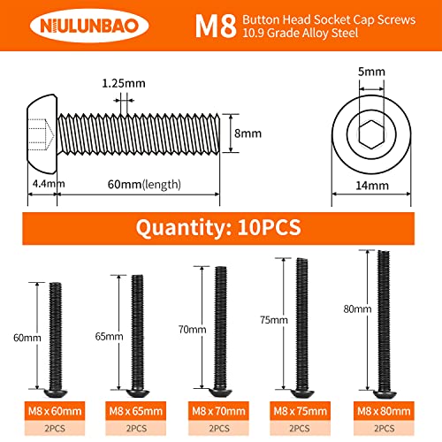 M8 x 60mm 65mm 70mm 75mm 80mm Button Head Socket Cap Screws Bolts 10.9 Grade Alloy Steel, Black Oxide Finish, Metric Allen Hex Drive, Machine Fully Threaded, Assortment Kit 10PCS - size: M8 x 60/65/70/75/80mm (10PCS)