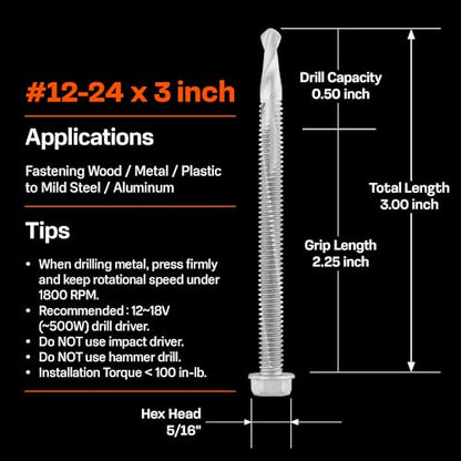 SUNKIN 44PCs Self Tapping Screws for Metal, Hex Head #12 x 3 Inch, Self Drilling for Thick Steel, Less Effort Installation, Long Lasting Anti Rust Coating - size: #12 x 3 inch(44pcs)