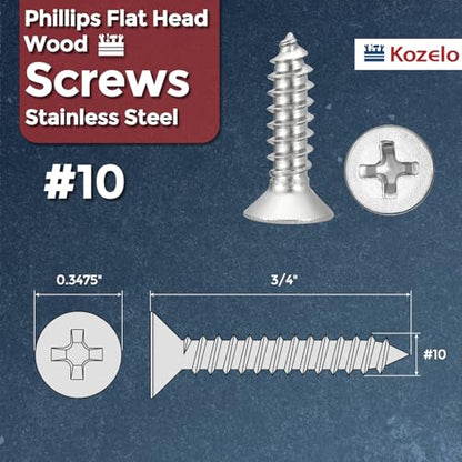 50pcs Phillips Flat Wood Screws #10x3/4 316 Stainless Steel Silver - size: #10x3/4"