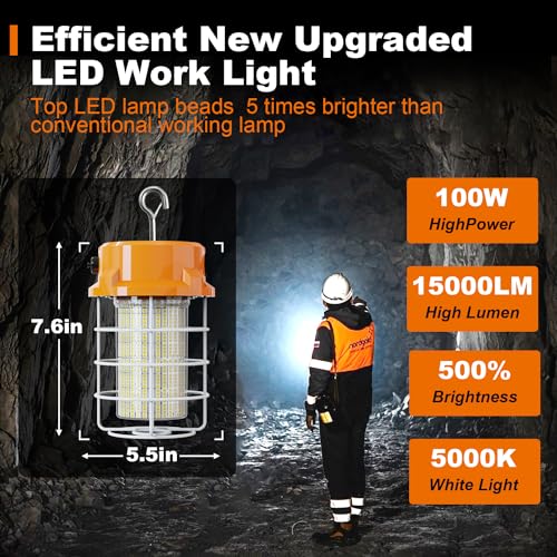 100W LED Temporary Work Light 15000lm Construction Lights 5000K Temp Light, Temp Work Lights Stainless Steel Guard Sturdy Hook Hanging for Outdoor Indoor High Bay Fixture Mine Workshop Jobsite - style: 100W