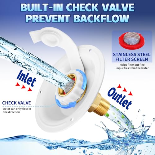 RV City Water Inlet with Check Valve, RV Water Fill Inlet Connection with 3/4 NH Female to 1/2 NPT Male Lead-free Brass City Water Inlet Flange for RV, RV Water Inlet Replacement - color: White Big Flange