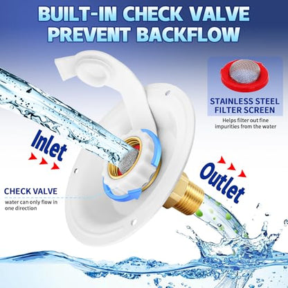 RV City Water Inlet with Check Valve, RV Water Fill Inlet Connection with 3/4 NH Female to 1/2 NPT Male Lead-free Brass City Water Inlet Flange for RV, RV Water Inlet Replacement - color: White Big Flange
