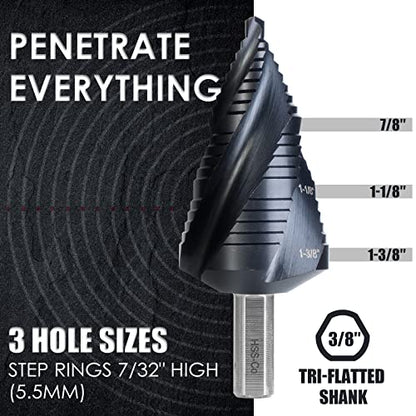 Matework M35 Cobalt Step Drill Bit, Four Spiral Flute Unibit Step Drill Bit (3/16"-1-3/8") Wear-Resistant TiAlN Coated, 3/8" Shank for Metal, Carbon Steel, Stainless Steel, Wood, Plastic (19 Size) - size: 1/4"-1-3/8"