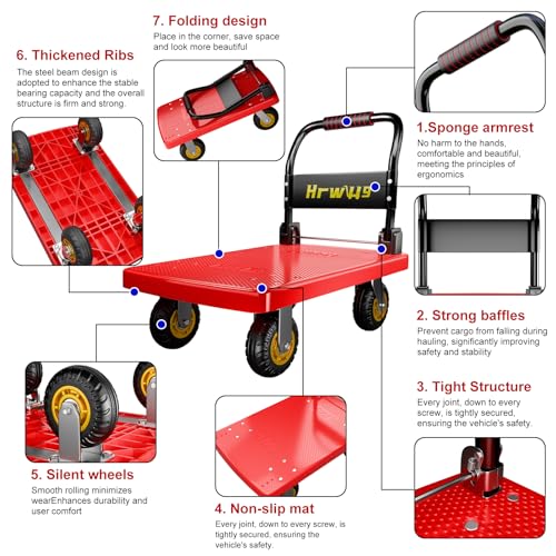 Hand Cart Dolly, Push Cart with 360 Swivel 5'' Wheels, 1200LBS Capacity, Dolly Cart with Wheels Warehouse Cart for Groceries, Garage, Warehouse - Red - color: Red