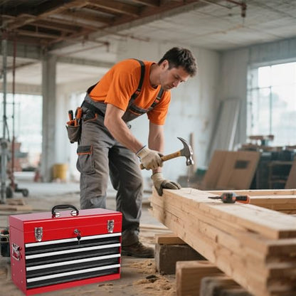 Heavy Duty Metal Tool Box, 21-inch, Portable Metal Tool Box with 4 Drawers, Small Tool Chest with EVA Liners, Ball Bearing Slide Drawers Locking & Powder Coated Finish, Multi-Function Tool Organizer - color: Tool Box-black&red