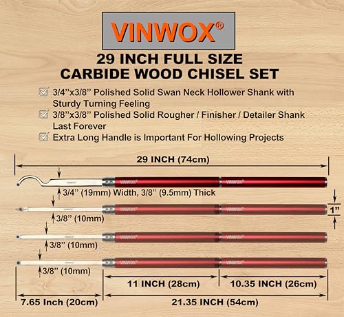 9 PCS Carbide Wood Lathe Turning Tool Set, Pen Turning tools, Including Swan Neck Hollower, Rougher, Finisher, Detailer, Aluminum Handles from 14" to 29", Fine Polished Stainless Steel Shank - size: 9pcs ALU Handle