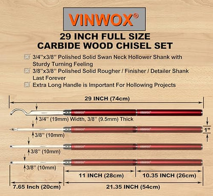 9 PCS Carbide Wood Lathe Turning Tool Set, Pen Turning tools, Including Swan Neck Hollower, Rougher, Finisher, Detailer, Aluminum Handles from 14" to 29", Fine Polished Stainless Steel Shank - size: 9pcs ALU Handle